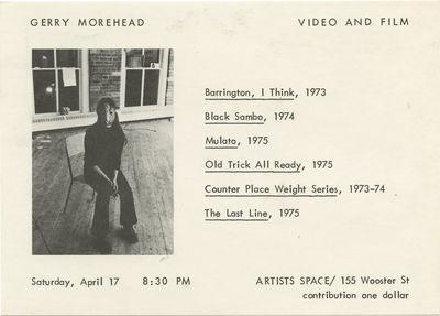 A black and white invitation for a film screening. On the left of the postcard, a masked figure is pictured seated.