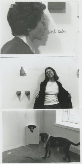 Three black and white images arranged in a column. In the top photograph, a figure stands very close to a white wall. In the center photograph, a firue holds the sides of a their dark jacket, opening it up to reveal a white t-shirt. They stand next to a wall with three circular objects. The bottom photograph features a dog in the center foreground.