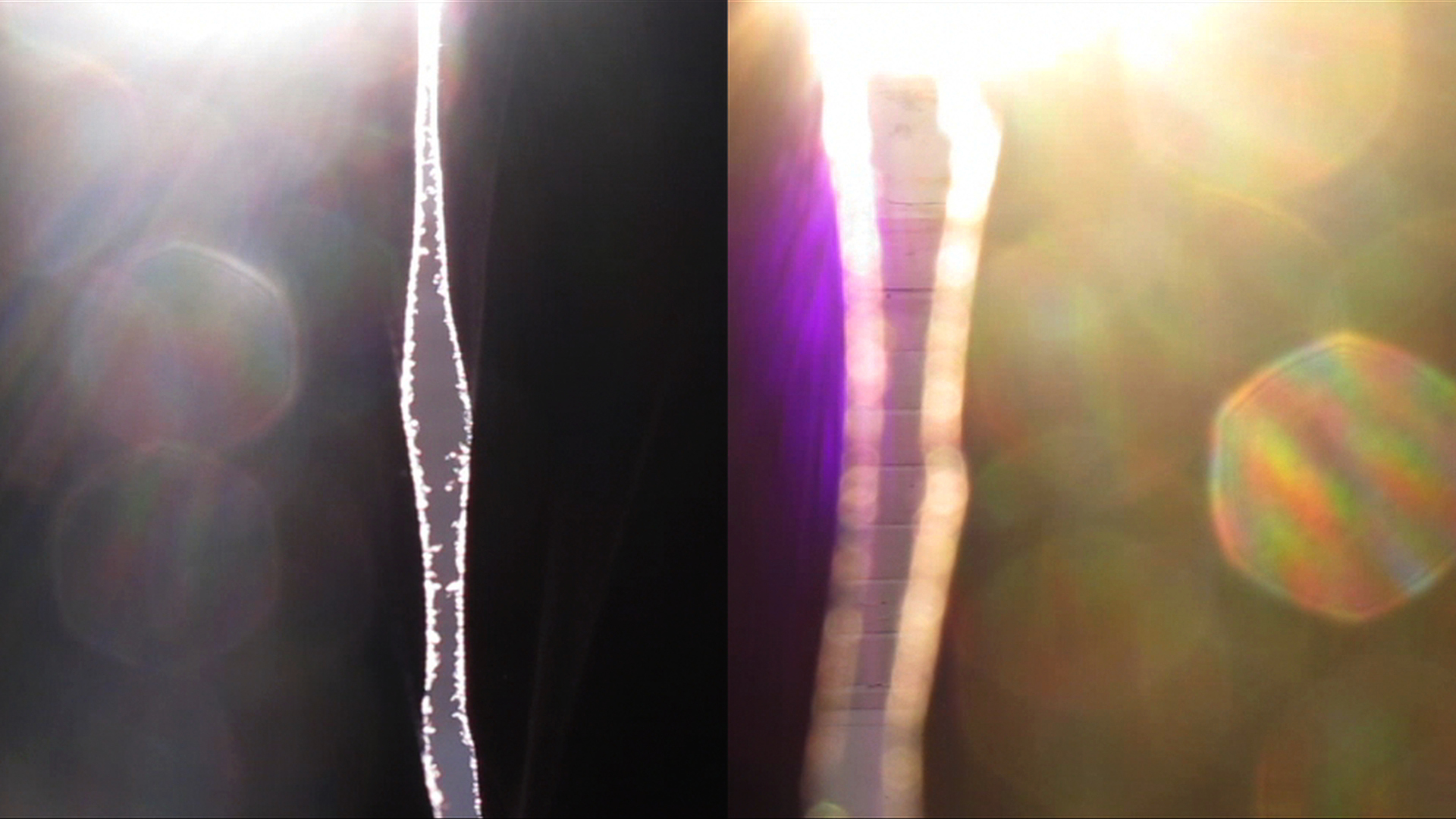 Two juxtaposted images of two sets of thighs. In both images, a bright light illuminates the space between the figures' thighs. Light spots appear across the images.