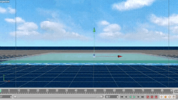 A moving image of a computer generated ocean horizon line that pixelates into a recorded video of a real ocean horizon.