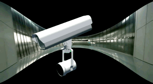 A gif of a digitially rendered a CCTV camera rotating on an axis, while a distorted timelapse of empty spaces spin behind it.