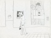 A black and white line drawing of a person in an art gallery looking at a portrait on the wall. There is another piece on the wall of a person holding a rectangular box and blowing a bubble.