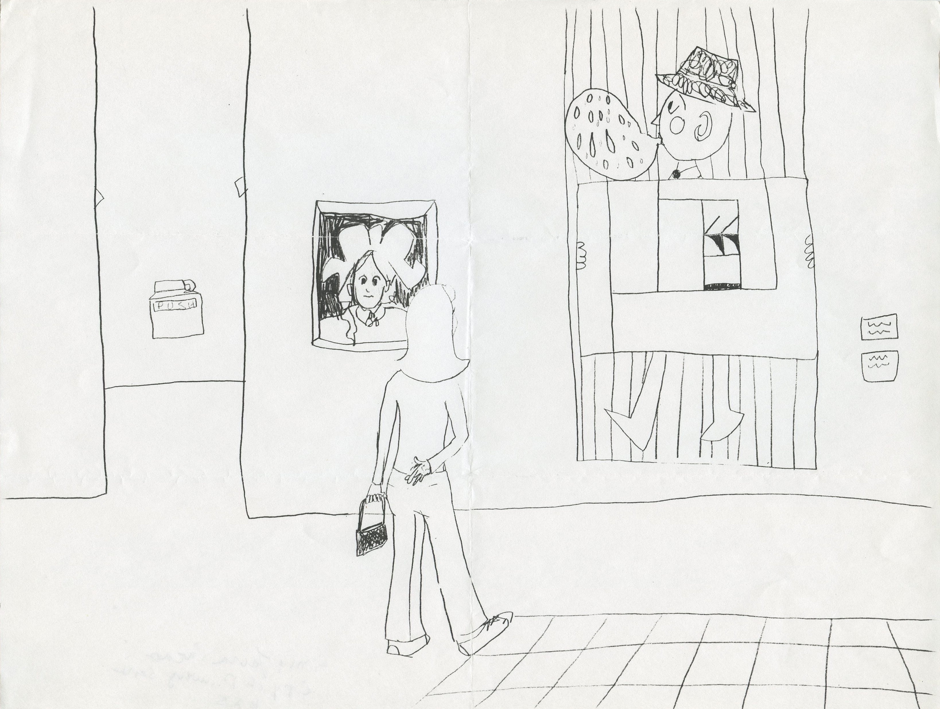 A black and white line drawing of a person in an art gallery looking at a portrait on the wall. There is another piece on the wall of a person holding a rectangular box and blowing a bubble.