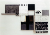 A series of rectangular panels and tiles of varying dimensions installed on a white wall. The installed elements are positioned adjacent to one another, forming a larger irregular shape. The panels feature black, white, and muted colors. Some feature abstract painted compositions and color blocks, others include text or line drawings.