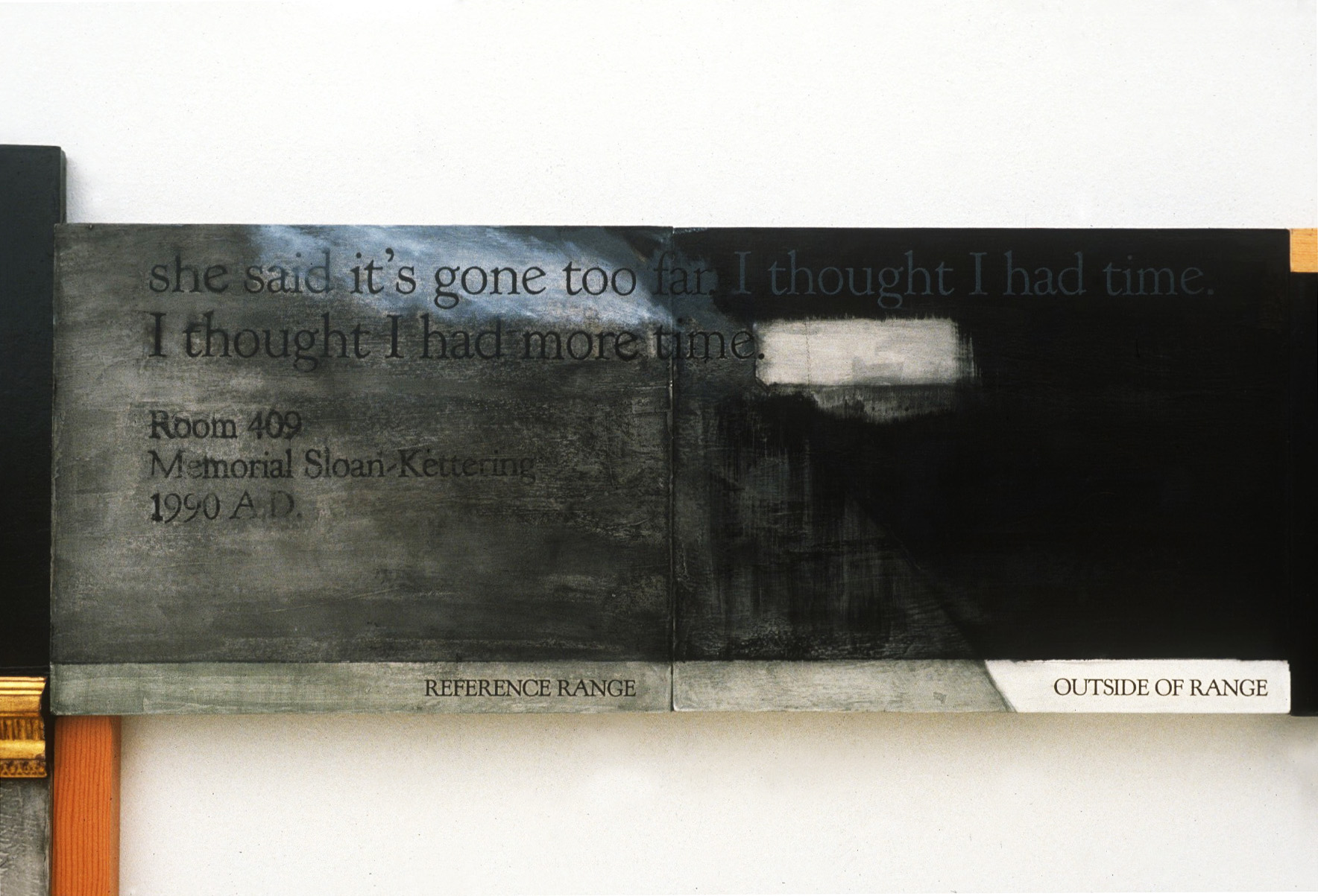 Close up image of a rectangular panel installed on a white wall. The canvas is covered in color block washes of black, gray, and white paint. Left-aligned, serif text positioned at the upper half of the canvas reads, 