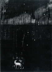 A dark illustration featuring a small, white dog at the composition's lower left edge. A black, inky background vaguely resembling a forest surrounds the dog, who pauses mid stride to glance behind itself.