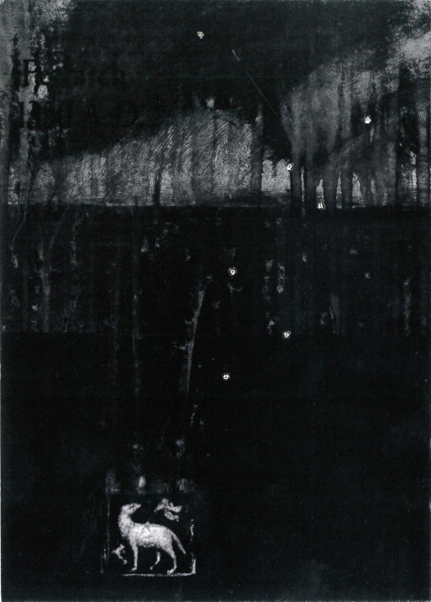 A dark illustration featuring a small, white dog at the composition's lower left edge. A black, inky background vaguely resembling a forest surrounds the dog, who pauses mid stride to glance behind itself.