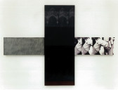 A cross-shaped panel installed on a white wall. The left arm of the panel is painted gray, while its vertical bisector is painted a dark black color. The right arm of the panel features a collage of three identical black and white images of a doctor wearing protective gloves while injecting a figure's arm with a syringe.