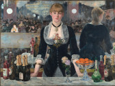 A painting of a female bartender standing behind a bar, facing the viewer. A large mirror directly behind her reflects the space of the crowded bar before her. Another woman behind and to the right of the bartender, her back to the viewer, turns to speak to a man with a top hat and mustache.