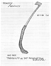 Drawing of an axe attached to a tree branch. Line of the paper visible in the background. Written on upper left: 
