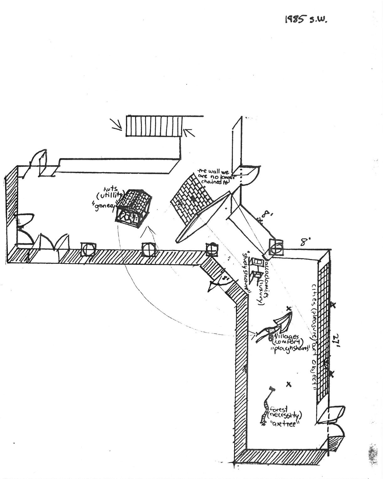 An oblique plan drawing of an exhibition layout.