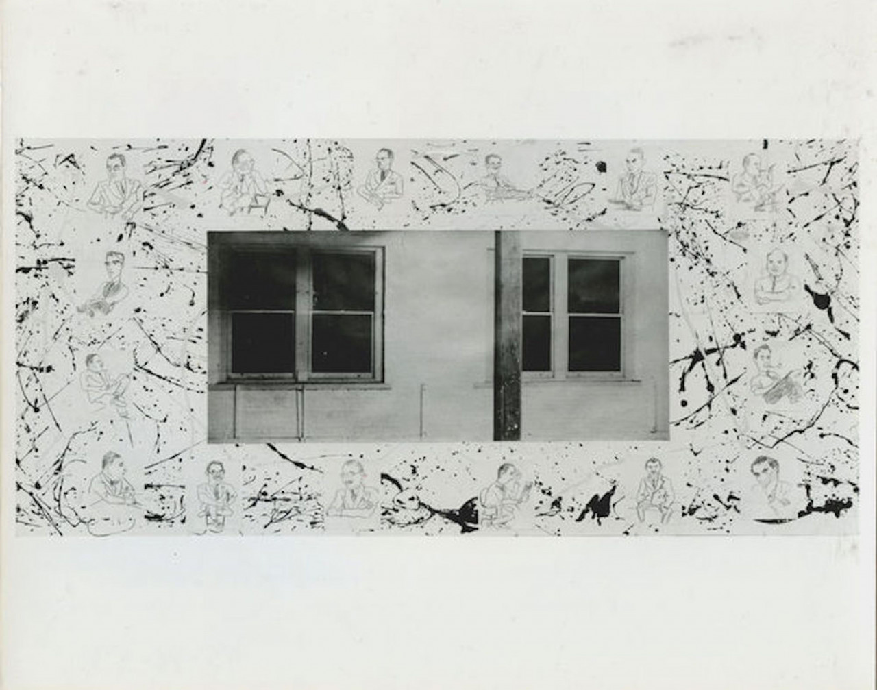 A black and white photograph of two windows is set into a background of various abstract paint dripss and drawings of figures wearing suits.