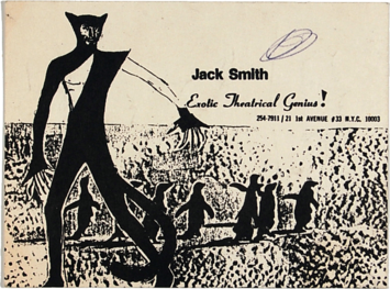 A black and white illustration featuring a person in a black cat suit. A group of penguins, behind him, face towards the background. Text reads, 