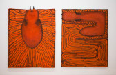 Two rectangular orange paintings, in portrait orientation, hang on a white wall. Both canvases depict slugs filling up each rectangle. In the painting to the left, the slug almost forms into a square. In the painting to the right, the slug is stretched in a long line, twisting across the surface area of the canvas. The eyes of both slugs protrude from their animated bodies like antennae, raised and peeking over the boundary of each painting's edge.