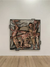An animated gif of a rotating, square painting installed in a white-walled gallery space. The painting depicts four superimposed nude bodies in various positions (standing, crouching, extending their arms) in an amorphous yet contained space. The painting framed in a black wooden frame with handles on each of its four sides. The animation depicts the painting spinning clockwise, such that at every angle the figures appear to stand in a different position, carrying out a new action.
