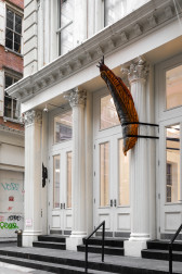 A large, orange and brown stuffed slug sculpture is strapped around a Greco-Roman style columns on the facade of a cast iron building. The slug’s antennae points upwards.