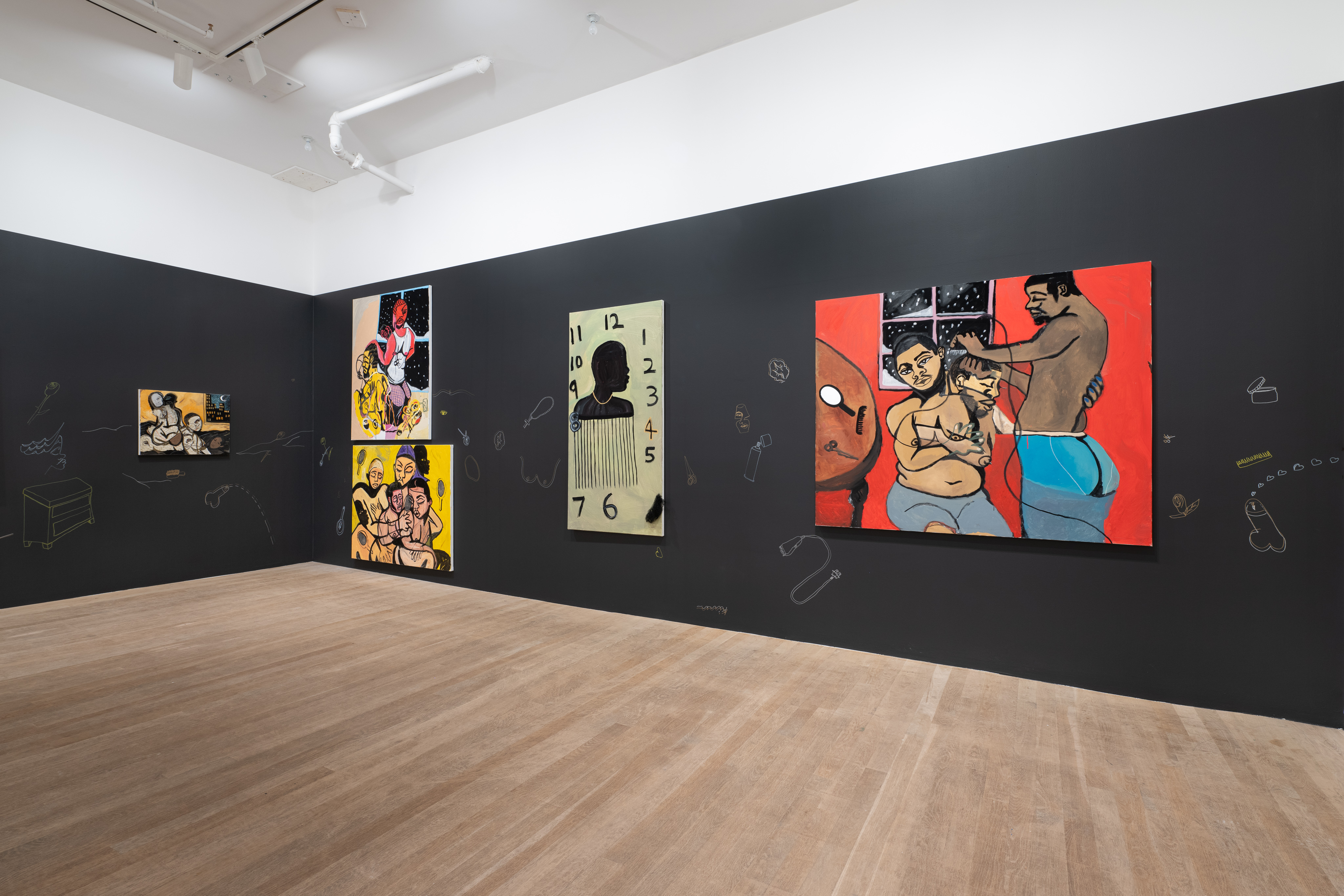 A color image of the corner of a gallery space. The two walls have been painted black, and various paintings depicting Black Queer figures are depicted. White and yellow drawings are painted onto the wall itself, moving through and around the artworks.
