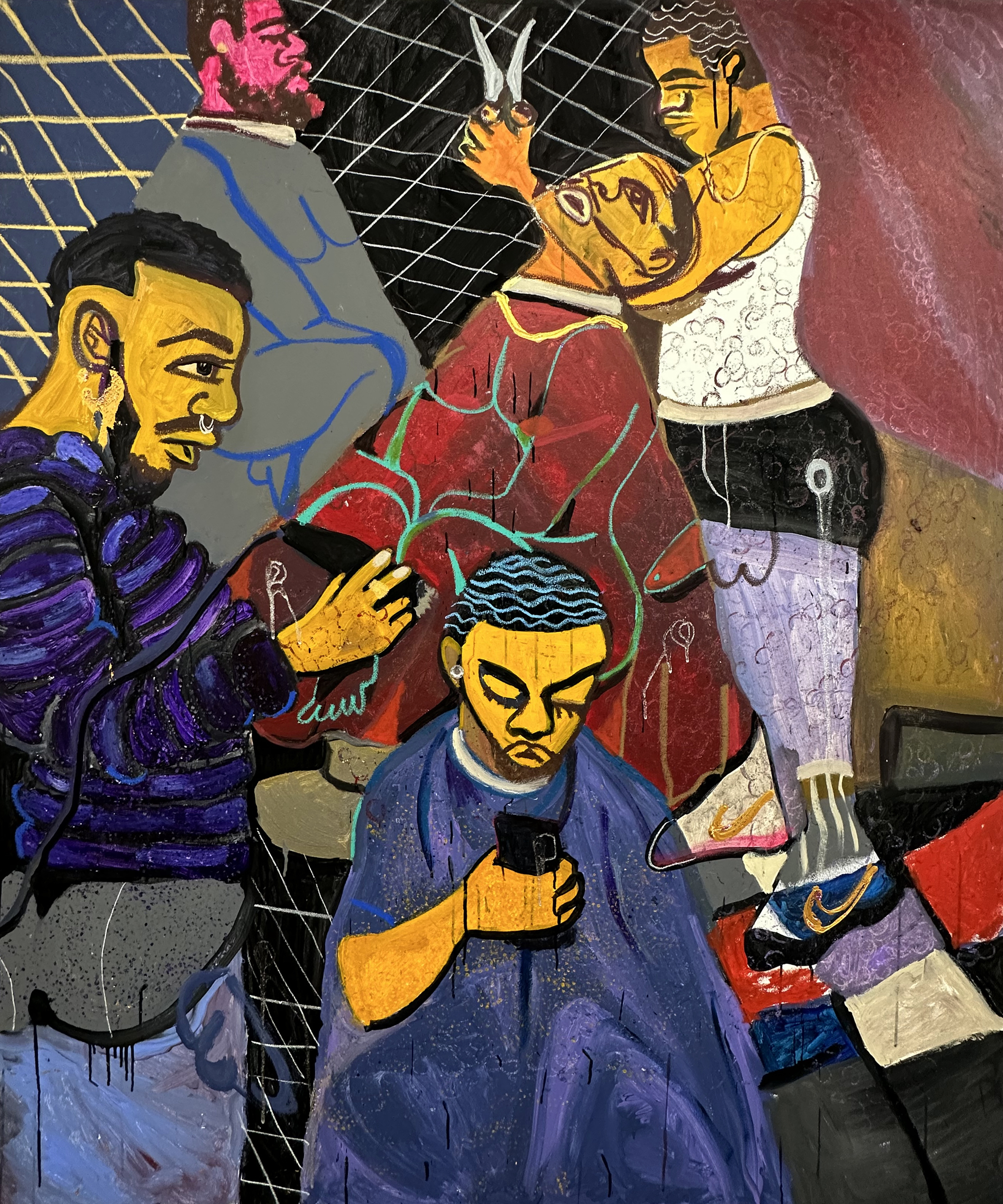 A painting in color depicting five Black Queer people within an abstract barbershop environment. The barber to the left of the scene holds clippers to the scalp of one of them positioned in the center. Another barber pictured in the upper right quadrant holds up a pair of shears between two other Black Queer figures with smocked patterning on their barber capes. Sgraffito-like swaths of grid serve as a tiled floor, shown in a floating perspective.