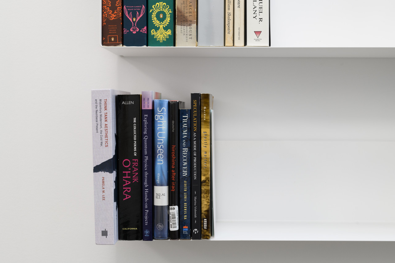 A set of white metal shelves against a white wall, each shelf holds eight books. From left, the authors of the books on the bottom shelf are: Pamela M. Lee, Frank O
