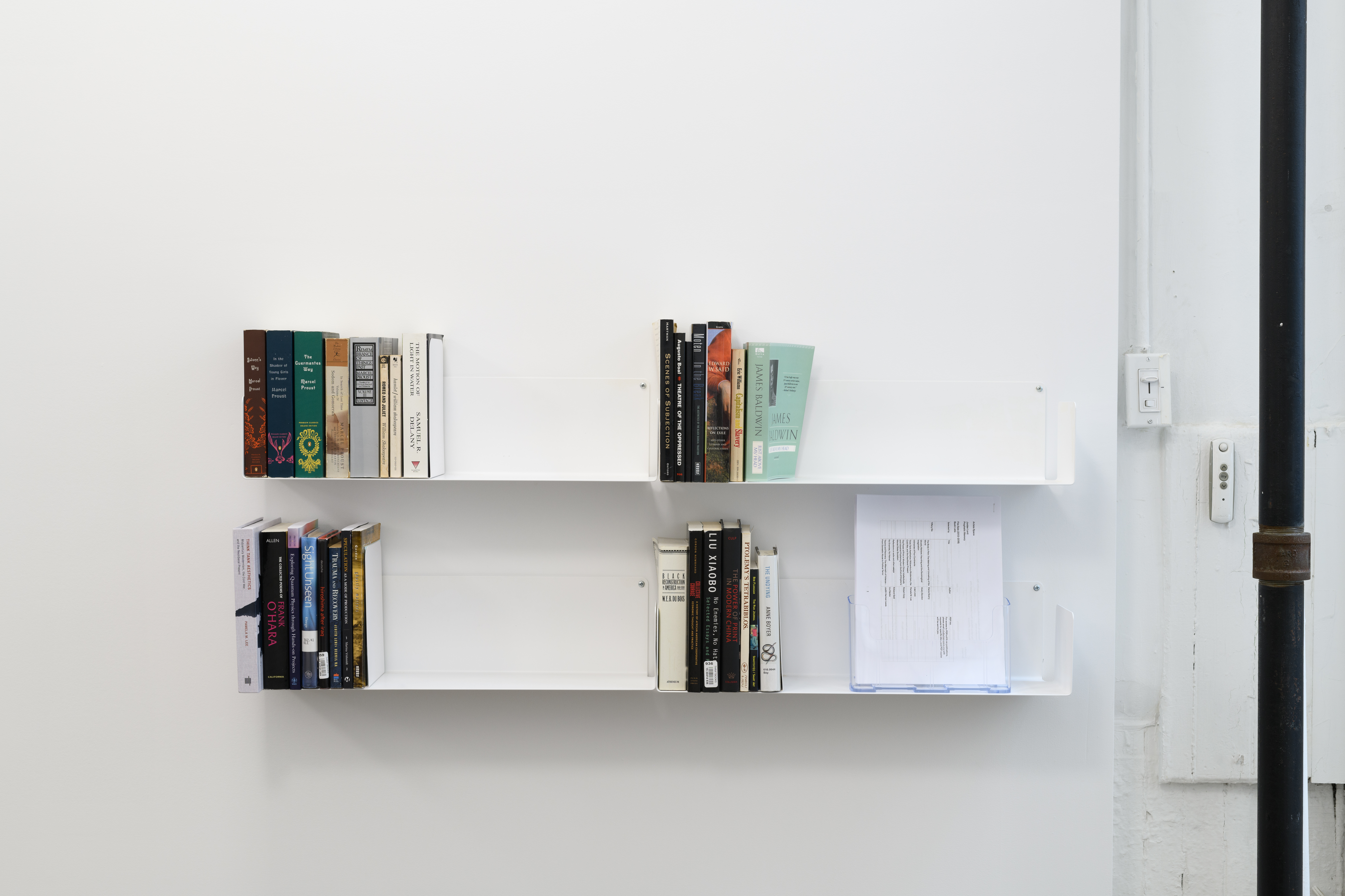 Two white shelves attached to a white wall hold four sets of books and some papers. On the right is a black metal pole.