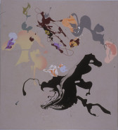 Abstract paint splatters of various muted colors on a grey background.