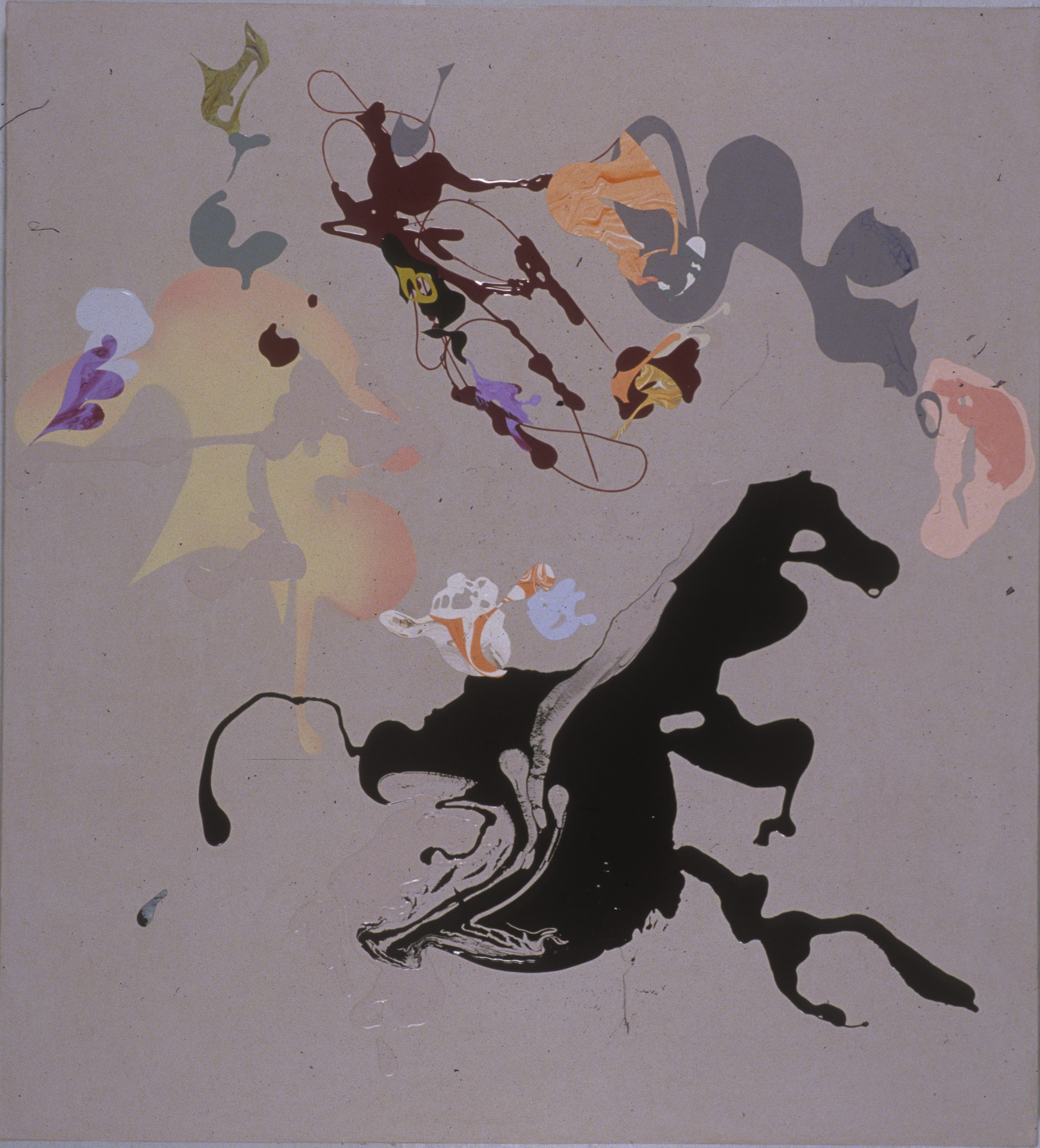 Abstract paint splatters of various muted colors on a grey background.