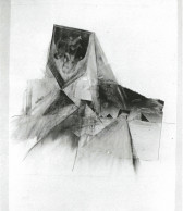 Drawing of upside down Christian iconography along with pyramid, desert landscape with white surrouding the images.