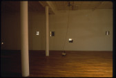 A small statue of a bird sits on the floor of a dimly-lit gallery space. A long black wire runs from the sculpture to the ceiling. Several square holes have been removed from several spots on the gallery wall behind the sculpture, through which a space on the other side of the wall is visible.