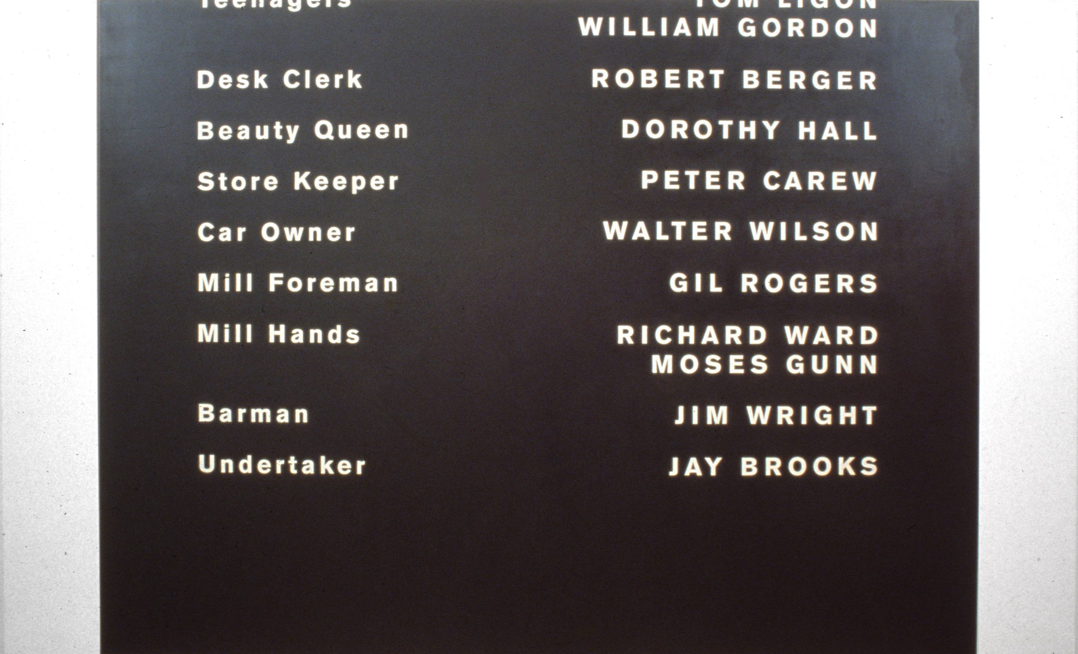 White text arranged in two columns on a black background. Film roles, such as 