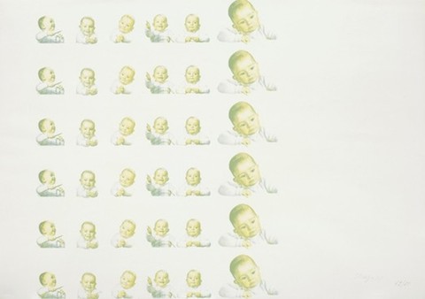 Six rows of six small, faded images of a child in various poses, positioned at left center of frame.