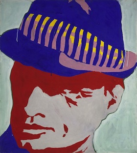 A color-blocked, red and grey, illustration of man's head with a blue hat turns toward the left of the frame.