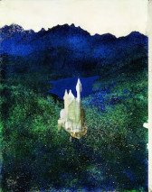A blue and green, abstracted watercolor illustration of a white castle settled in a landscape.