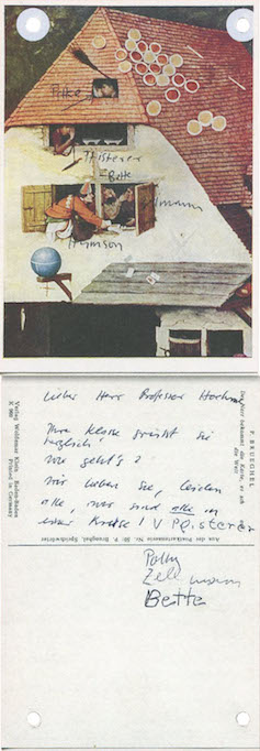 A postcard containing an illustration of a house with collaged materials on top. At the bottom is the back of the post card, with a handwritten note.