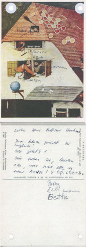 A postcard containing an illustration of a house with collaged materials on top. At the bottom is the back of the post card, with a handwritten note.