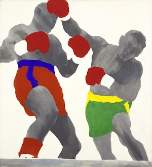 A painting of two boxers engaged in a match. The bodies of both figures are depicted in grey monochrome with colorful attire. The figure on the left wears orange shorts with blue piping while the one on the right wears green shorts with yellow trim. Both are wearing red and white boxing gloves.