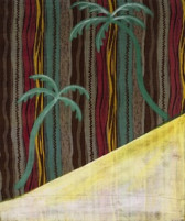 An illustration of two green palm trees on a diagnal, sloped down to the bottom left corner, pale yellow triangle. The background contains a pattern of dark brown, gray, red, and yellow stripes.