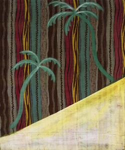 An illustration of two green palm trees on a diagnal, sloped down to the bottom left corner, pale yellow triangle. The background contains a pattern of dark brown, gray, red, and yellow stripes.