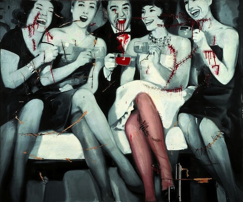 A black and white painting of five people, dressed in party attire, smiling at the camera. Red paint conveys cuts, stitches, and injuries across their neck, face, and limbs. The woman second to the right of the frame is portrayed with red-toned legs.