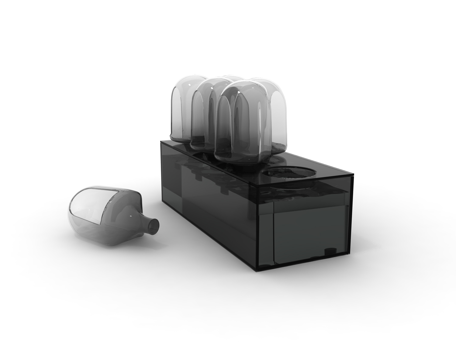 A digital rendering of a dark tank filled with water. Spherical pods sit into the top of the tank, with one pod lying sideways next to it.