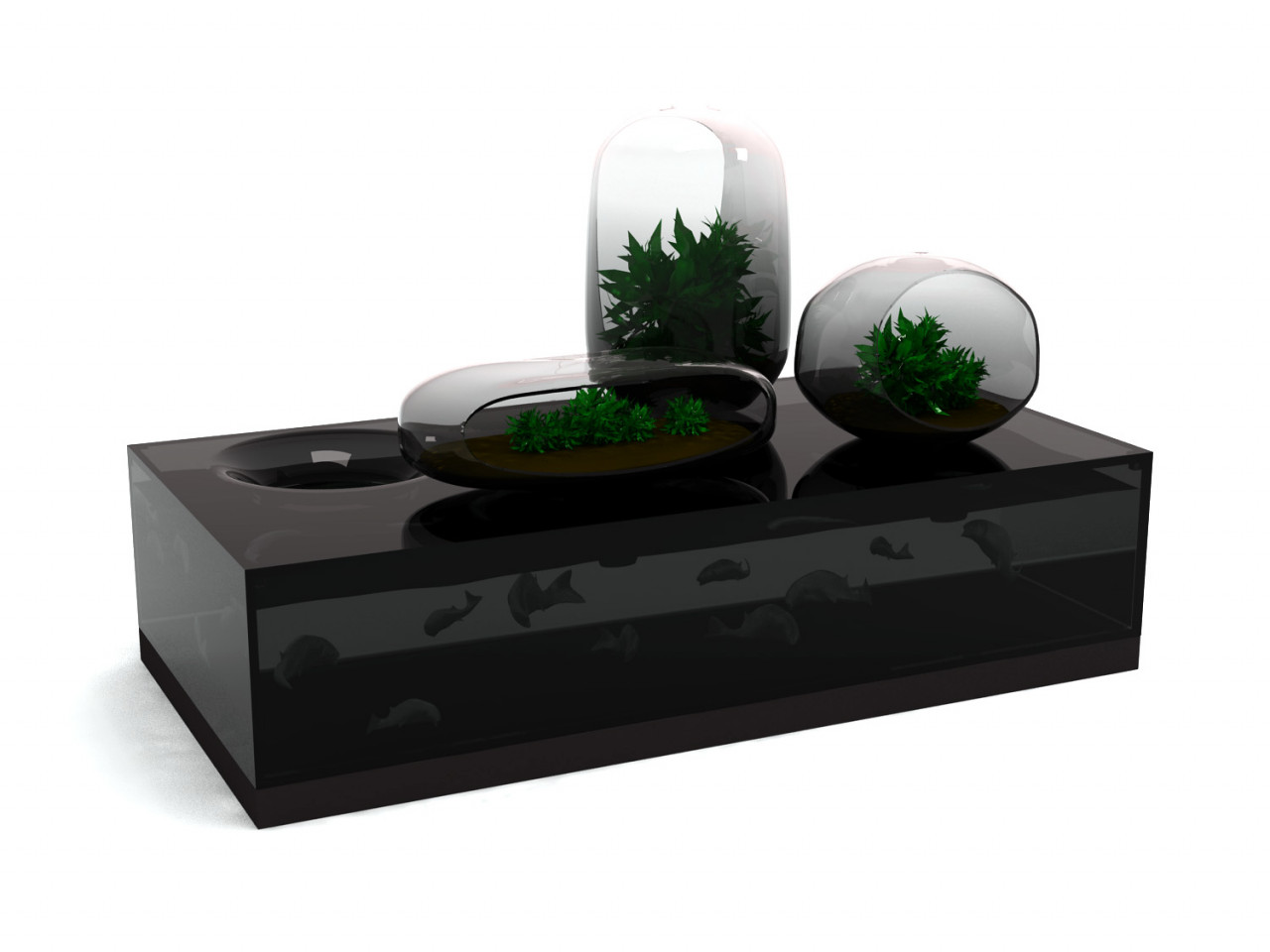 A digital rendering of a large, rectangular aquarium filled with fish. Resting on top of the aqaurium are three terraria of different spherical shapes.