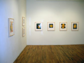 A corner made by two white walls. One wall has four framed images of yellow amorphus shapes on different backrounds, arranged in a horizontal line. The other wall has three framed images, one hung by itself and the other two stacked vertically.