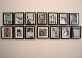 Multiple small, rectangular collages hung in two rows on a gallery wall. The collages are displayed in black frames and feature images of people as well as text fragments. Most are black and white or contain minimal color.