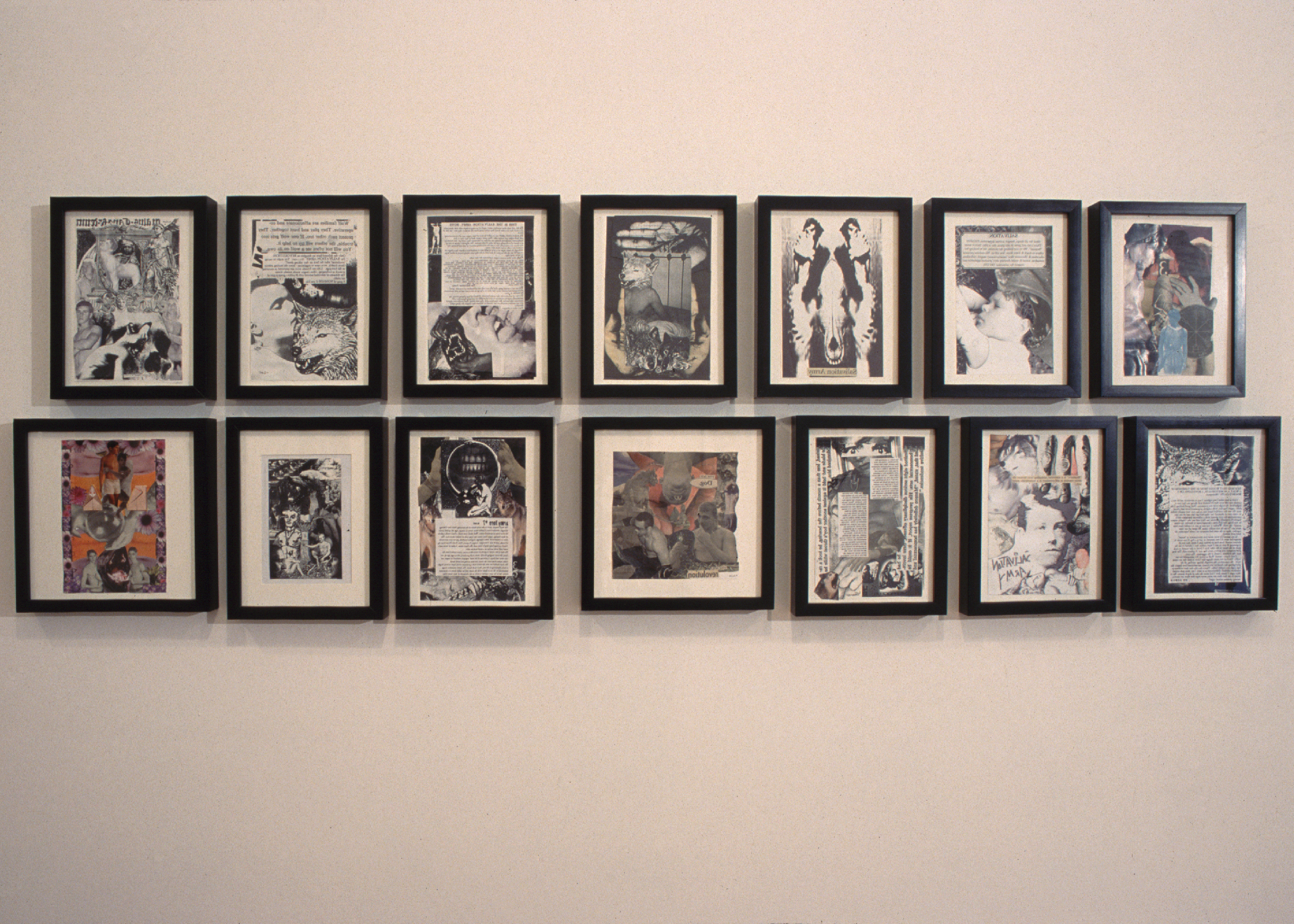 Multiple small, rectangular collages hung in two rows on a gallery wall. The collages are displayed in black frames and feature images of people as well as text fragments. Most are black and white or contain minimal color.