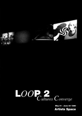 A series of black and white film stills appear projected on a black background.  Below them, white text reads 