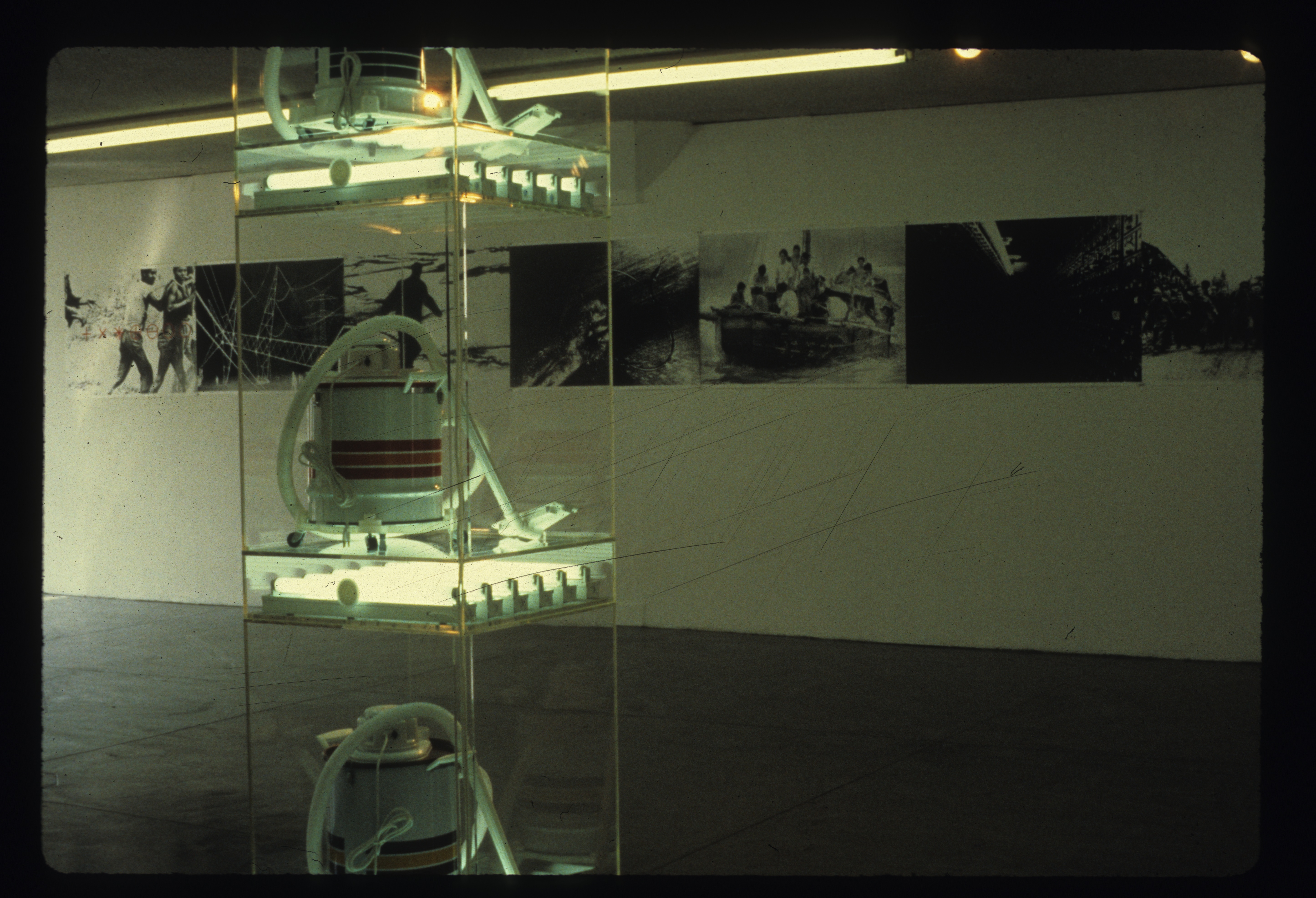 In the foreground vacuums on plexiglass shelves with fluorescent lights underneath are visible and in the background on a white gallery wall is a number of different photographs lined next to each other in successio.
