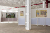 Two foldable room dividers are installed in a large gallery. Multiple paintings are hung on the dividers, each depicting a scene of men in public and private spaces, engaged in various activities of work and leisure.