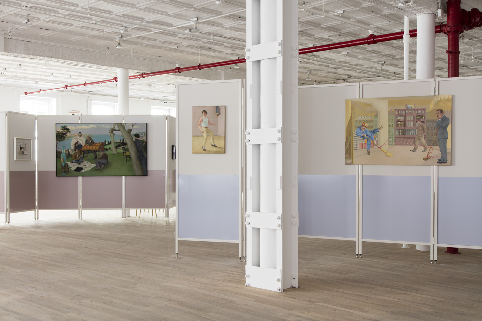 Two foldable room dividers are installed in a large gallery. Multiple paintings are hung on the dividers, each depicting a scene of men in public and private spaces, engaged in various activities of work and leisure.