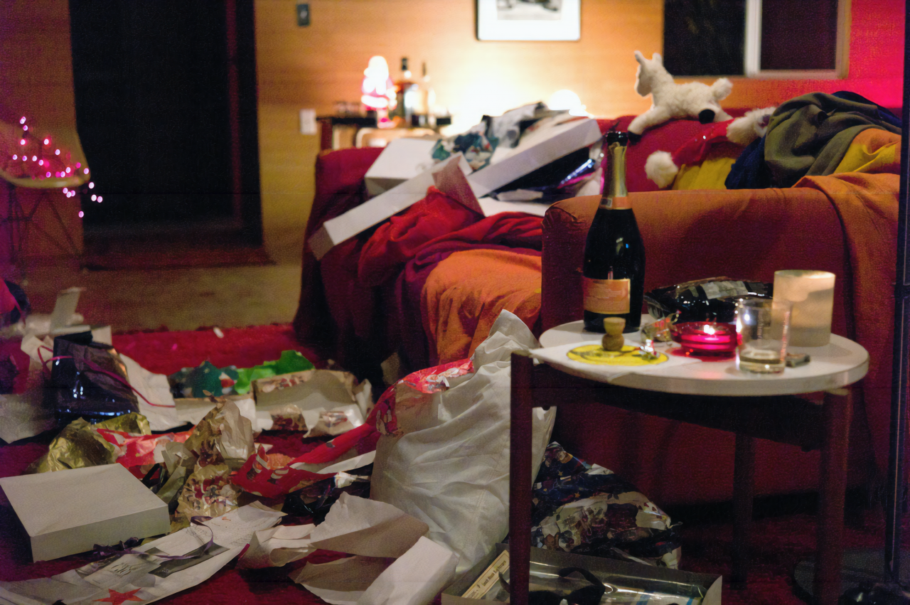 A warm-colored living space littered with discarded wrapping paper and boxes. A champagne bottle sits on a side table next to an orange couch.