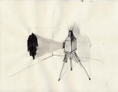 A sketch of a projector on a stand, projecting a black hole into a wall.