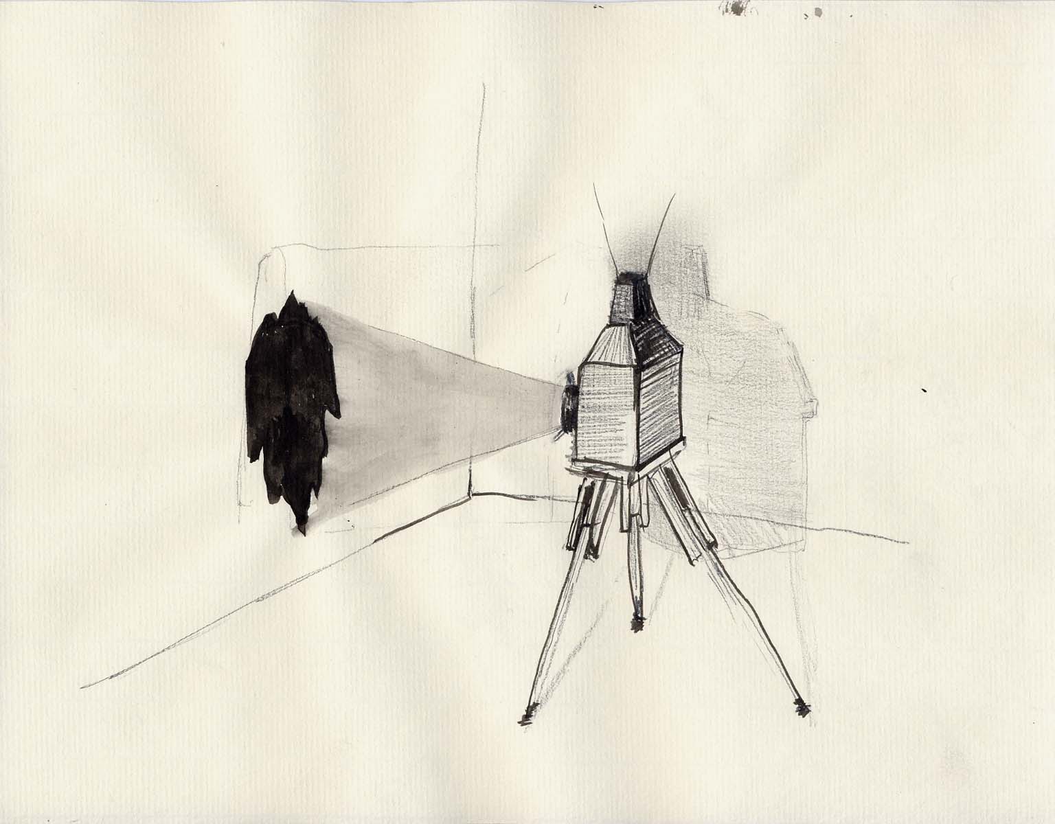 A sketch of a projector on a stand, projecting a black hole into a wall.